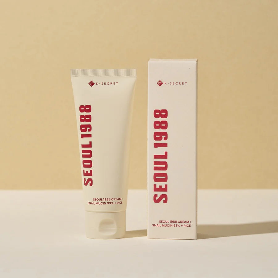 K-SECRET Seoul 1988 Snail Mucin 93% + Rice Cream 100ml – Korean face moisturizer in a white tube, ideal for hydration, brightening, and barrier repair, available in Mauritius