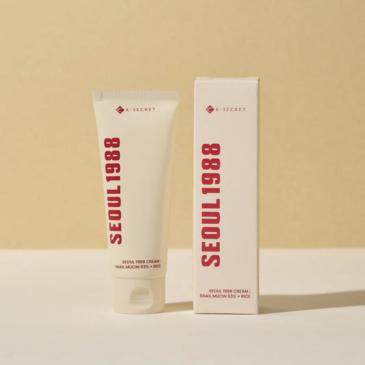 K-SECRET Seoul 1988 Snail Mucin 93% + Rice Cream 100ml – Korean face moisturizer in a white tube, ideal for hydration, brightening, and barrier repair, available in Mauritius